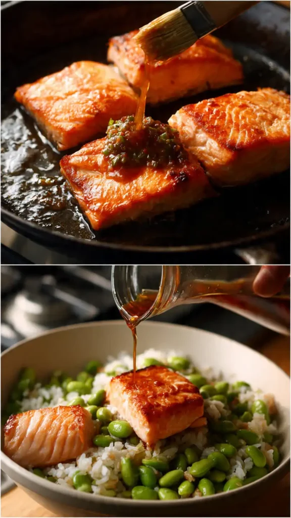 Teriyaki Salmon Rice Bowl with Edamame