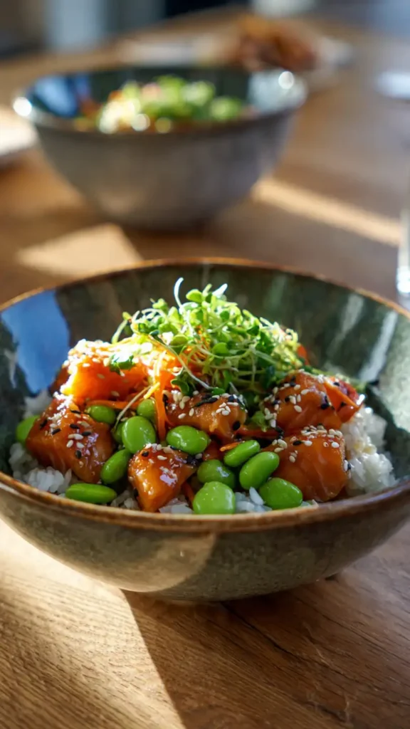 Teriyaki Salmon Rice Bowl with Edamame