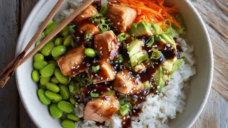 Teriyaki Salmon Rice Bowl with Edamame