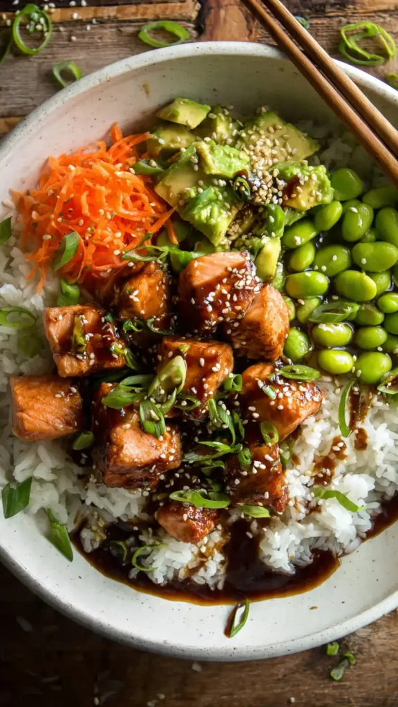 Teriyaki Salmon Rice Bowl with Edamame