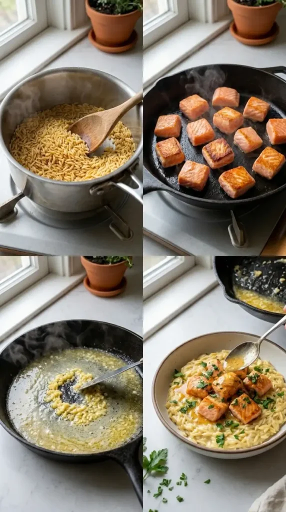Garlic Butter Salmon Bites with Lemon Orzo