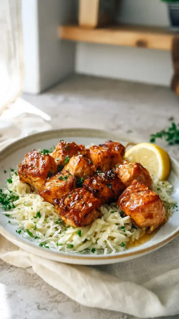 Garlic Butter Salmon Bites with Lemon Orzo