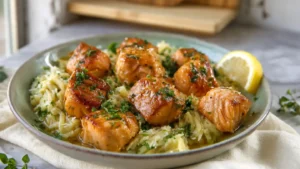 Garlic Butter Salmon Bites with Lemon Orzo