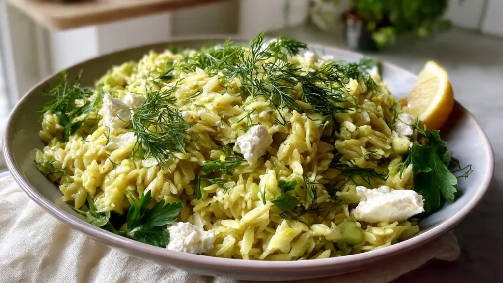 Lemon Orzo Salad with Cucumber, Feta and Herbs